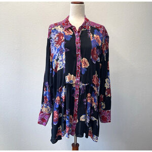 Free People Tunic Top Womens Size M Black Floral Brunch A Bunch Oversized Flowy